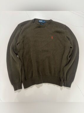 Polo Ralph Lauren Mens XL Brown Olive Cotton Knit Crewneck Sweater Red Pony